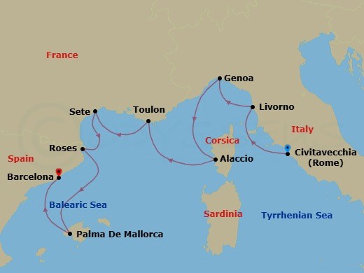 8 Night - Civitavecchia to Barcelona - Silver Nova - Starting in Civitavecchia (Rome), Livorno (Tuscany), Genoa, Ajaccio (Corsica), Toulon, Sete, Roses, Palma De Mallorca, Barcelona itinerary map