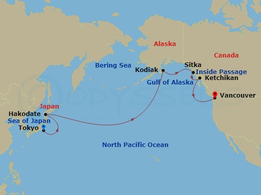 16 Night - Tokyo to Vancouver - Silver Muse - Starting in Tokyo, Hakodate (Hokkaido), Date Line gain a day, Kodiak Island, Alaska, Sitka, Alaska, Ketchikan, Alaska, Cruise British Columbia Inside Passage, Vancouver itinerary map