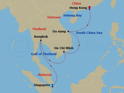 13 Night - Singapore to Hong Kong - Silver Muse - Starting in Singapore, Bangkok (Laem Chabang), Ho Chi Minh City, Chan May (Hue / Danang), Ha Long Bay, Hong Kong itinerary map