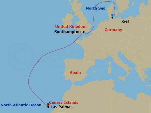 7 Night - Canary Islands and Madeira - MSC Euribia - Starting in Kiel, Germany, Southampton (London), United Kingdom, Las Palmas de Gran Canaria (Canary Islands), Spain itinerary map