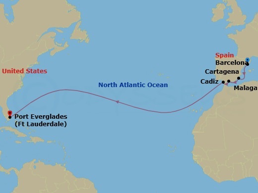 13 Night - Cultural Crossing : Spain & Gibraltar - Oosterdam - Starting in Barcelona, Spain, Cartagena ES, Malaga, Spain, Cadiz (Seville), Spain, Fort Lauderdale, Florida itinerary map