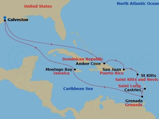 14 Night - Carnival Journeys - Southern Caribbean - Carnival Horizon - Starting in Galveston, Tx, Amber Cove, Dominican Republic, San Juan, Puerto Rico, St Kitts, St Lucia, Grenada, Montego Bay, Jamaica, Galveston, Tx itinerary map