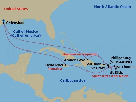 14 Night - Journeys - Eastern Caribbean - Carnival Horizon - Starting in Galveston, Tx, Ocho Rios, Jamaica, St Croix, US Virgin Islands, St Maarten, St Kitts, St Thomas, US Virgin Islands, San Juan, Puerto Rico, Amber Cove, Dominican Republic, Galveston, Tx itinerary map