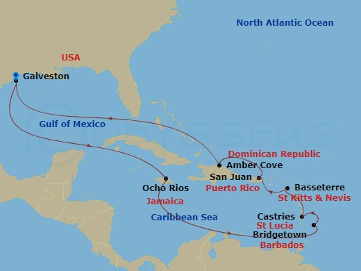 14 Night - Carnival Journeys - Southern Caribbean - Carnival Horizon - Starting in Galveston, Tx, Ocho Rios, Jamaica, Barbados, St Lucia, St Kitts, San Juan, Puerto Rico, Amber Cove, Dominican Republic, Galveston, Tx itinerary map