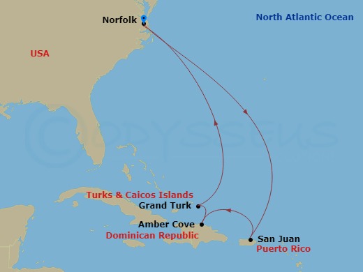 8 Night - Eastern Caribbean - Carnival Freedom - Starting in Norfolk, Va, San Juan, Puerto Rico, Amber Cove, Dominican Republic, Grand Turk, Norfolk, Va itinerary map