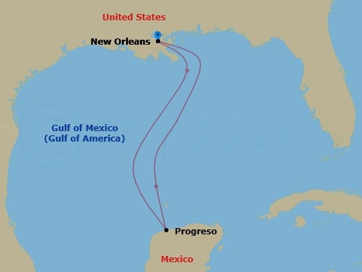 4 Night - Western Caribbean - Carnival Dream - Starting in New Orleans, La, Progreso, Yucatan, Mexico, New Orleans, La itinerary map