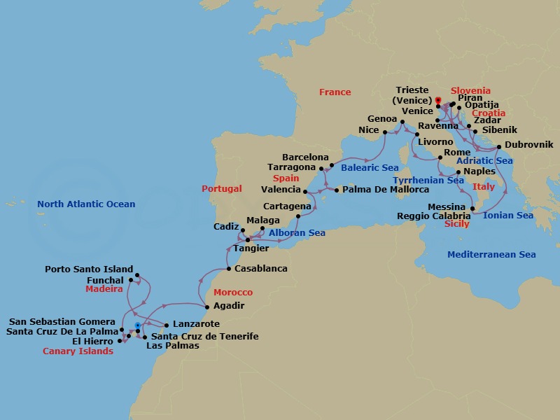 53 Night - Star Collector : Grand Mediterranean - Wind Spirit - Starting in Santa Cruz de Tenerife, Arrecife, Lanzarote, Funchal, Madeira, Porto Santo, Madeira, Santa Cruz de La Palma, El Hierro / Puerto De La Estaca, San Sebastian De La Gomera, Santa Cruz de Tenerife, Las Palmas, Gran Canaria, Agadir, Casablanca, Tangier, Cadiz, Malaga, Tangier, Cartagena ES, Valencia, Palma De Mallorca, Tarragona (Barcelona), Barcelona, Nice, Genoa, Livorno, Civitavecchia, Rome, Naples, Messina, Taormina, Reggio di Calabria, Dubrovnik, Croatia, Zadar, Venice, Trieste, Ravenna, Opatija, Sibenik, Dubrovnik, Croatia, Piran, Venice itinerary map