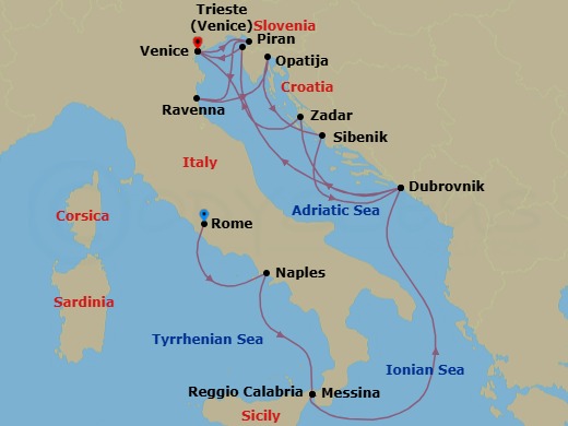 19 Night - Star Collector : Adriatic Nights & Venetian Dreams - Wind Spirit - Starting in Civitavecchia, Rome, Naples, Messina, Taormina, Reggio di Calabria, Dubrovnik, Croatia, Zadar, Venice, Trieste, Ravenna, Opatija, Sibenik, Dubrovnik, Croatia, Piran, Venice itinerary map