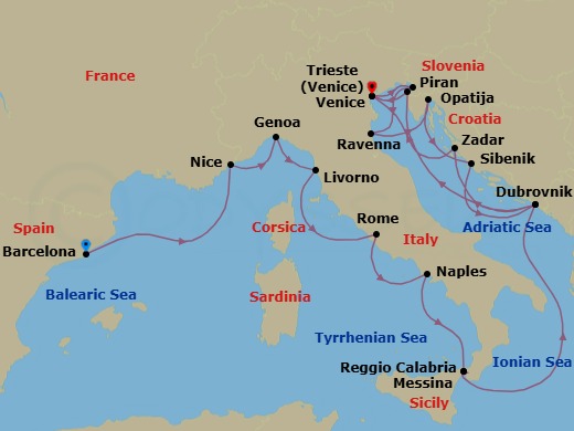 25 Night - Star Collector : Europe's Southern Coasts & the Adriatic - Wind Spirit - Starting in Barcelona, Nice, Genoa, Livorno, Civitavecchia, Rome, Naples, Messina, Taormina, Reggio di Calabria, Dubrovnik, Croatia, Zadar, Venice, Trieste, Ravenna, Opatija, Sibenik, Dubrovnik, Croatia, Piran, Venice itinerary map