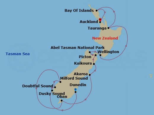 13 Night - New Zealand in Depth - SH Minerva - Starting in Dunedin, Dusky Sound (Cruising Dusky Sound), Doubtful Sound (Cruising Doubtful Sound), Milford Sound (Cruising Milford Sound), Oban NZ, Stewart Island, Akaroa, Kaikoura, Picton, Abel Tasman National Park, Wellington, Tauranga, Bay of Islands, Auckland itinerary map