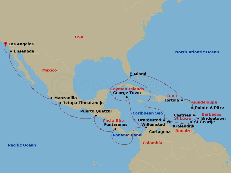 29 Night - Holiday Harbors & Hollywood - Oceania Sonata - Starting in Miami, Oranjestad, Willemstad AN, Kralendijk, St Georges, Bridgetown, Castries, Pointe-a-Pitre, Tortola, Miami, George Town, Cartagena CO, Panama Canal Daylight Transit, Puntarenas, Puerto Quetzal, Zihuatanejo (Ixtapa), Manzanillo, Ensenada, Los Angeles itinerary map