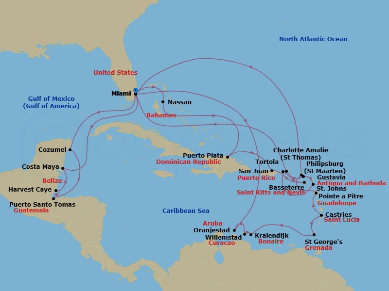 31 Night - Loving the Island Life - Oceania Sirena - Starting in Miami, Cozumel, Mexico, Santo Tomas, Harvest Caye, Costa Maya, Mexico, Miami, Oranjestad, Willemstad AN, Kralendijk, St Georges, Castries, Pointe-a-Pitre, Philipsburg, Miami, Nassau, Puerto Plata, Dominican Republic, San Juan, Basseterre, Charlotte Amalie, St Johns, Gustavia, Tortola, Miami itinerary map