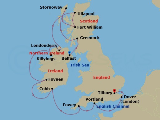 14 Night - British Isles & Ireland - Viking Vesta - Starting in Belfast, Glasgow (Greenock), Lewis and Harris (Stornoway), Scotland, Fort William, The Highlands (Ullapool), Londonderry, Killybegs, Foynes (Limerick), Cobh (Cork), Fowey, Portland UK, Dover UK, London (Tilbury) itinerary map