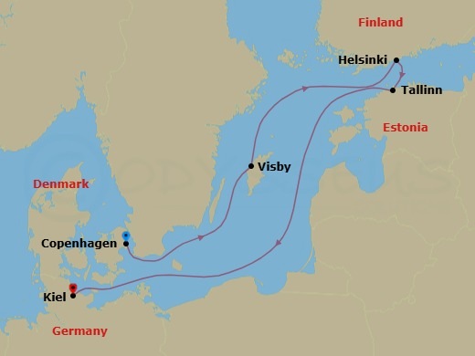 6 Night - Northern Europe - MSC Euribia - Starting in Copenhagen, Denmark, Visby, Sweden, Helsinki, Finland, Tallinn, Estonia, Kiel, Germany itinerary map