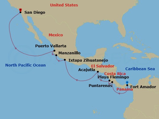 11 Night - The Americas & Caribbean - Crystal Serenity - Starting in Fuerte Amador (Panama City), Puntarenas, Playa Flamingo, Acajutla, Zihuatanejo, Manzanillo, Puerto Vallarta, San Diego itinerary map