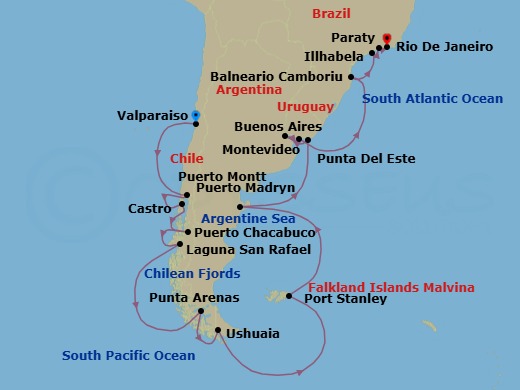 27 Night - South America - Crystal Symphony - Starting in Valparaiso, Puerto Montt, Castro, Puerto Chacabuco, Laguna San Raphael, Cruising the Chilean Fjords, Punta Arenas, Ushuaia, Port Stanley, Falkland Islands, Puerto Madryn, Punta Del Este, Buenos Aires, Montevideo, Balneario Camboriu, Ilhabela, Brazil, Paraty, Rio De Janeiro itinerary map