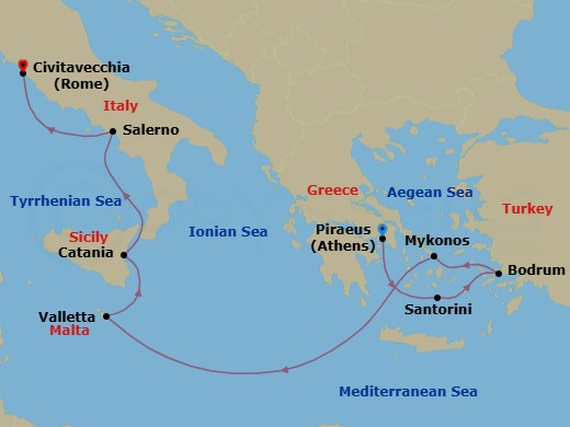 10 Night - Mediterranean : Athens to Rome - Scarlet Lady - Starting in Athens (Piraeus), Greece, Santorini, Greece, Bodrum, Turkey, Mykonos, Greece, Valletta, Malta, Catania, Sicily, Italy, Amalfi Coast (Salerno), Italy, Rome (Civitavecchia), Italy itinerary map
