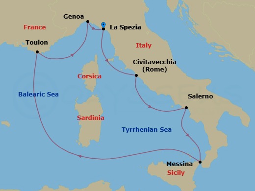 7 Night - Cruise Roundtrip from La Spezia - Costa Fascinosa - Starting in La Spezia / Florence, Civitavecchia / Rome, Salerno / Amalfi Coast, Capri bay, Messina / Taormina, Stromboli Bay, La Seyne / St Tropez, Ligurian Sea Darkest Spot, Genoa / Portofino, La Spezia / Florence itinerary map