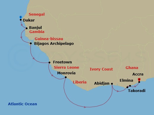 13 Night - Atlantic Crossroads : Cruise from Senegal to Ghana - SH Diana - Starting in Dakar, Banjul, Bijagos Archipelago, Freetown, Monrovia, Abidjan, Takoradi, Elmina, Tema (Accra) itinerary map