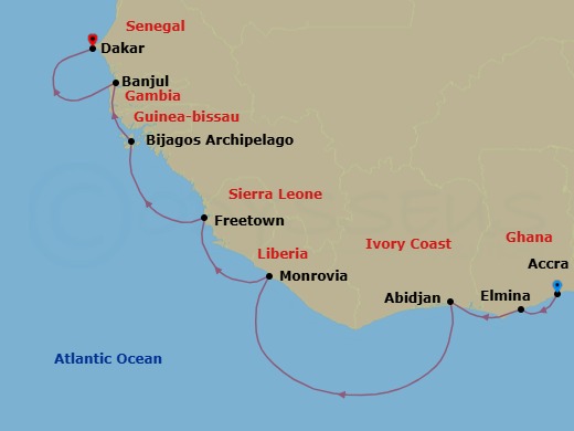 13 Night - Cruise West Africa : Cultures and Wild Coasts - SH Diana - Starting in Tema (Accra), Elmina, Abidjan, Monrovia, Freetown, Bijagos Archipelago, Banjul, Dakar itinerary map