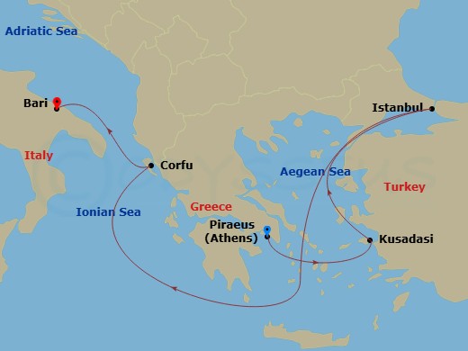 5 Night - Mediterranean - MSC Orchestra - Starting in Piraeus (Athens), Greece, Kusadasi, Turkey, Istanbul, Turkey, Corfu, Greece, Bari, Italy itinerary map