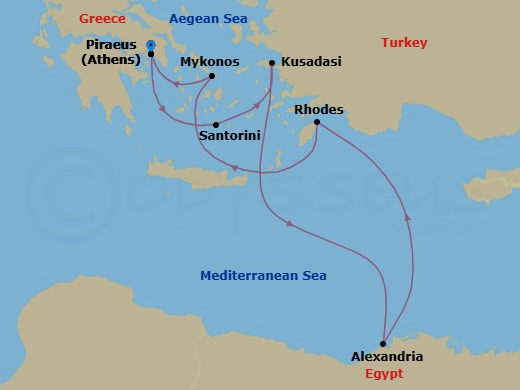 10 Night - Greek Isles, Turkey & Cairo Overnight - Scarlet Lady - Starting in Athens (Piraeus), Greece, Santorini, Greece, Ephesus (Kusadasi), Turkey, Alexandria EG (Cairo), Egypt, Rhodes, Greece, Mykonos, Greece, Athens (Piraeus), Greece itinerary map