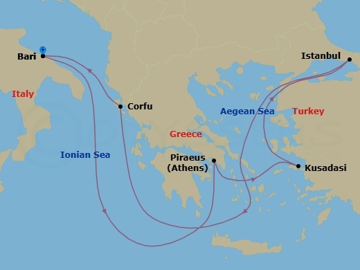 7 Night - Mediterranean - MSC Orchestra - Starting in Bari, Italy, Piraeus (Athens), Greece, Kusadasi, Turkey, Istanbul, Turkey, Corfu, Greece, Bari, Italy itinerary map