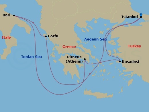 7 Night - Mediterranean - MSC Orchestra - Starting in Istanbul, Turkey, Corfu, Greece, Bari, Italy, Piraeus (Athens), Greece, Kusadasi, Turkey, Istanbul, Turkey itinerary map