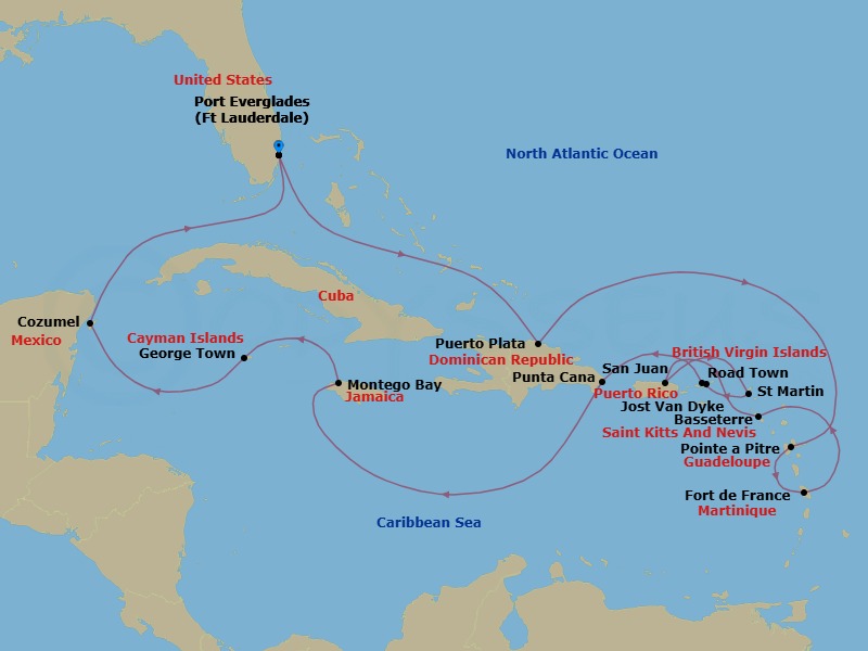 17 Night - The Americas & Caribbean - Crystal Serenity - Starting in Fort Lauderdale, Puerto Plata, Dominican Republic, Pointe-a-Pitre, French West Indies, Fort-de-France, St Kitts (Basseterre), San Juan, Marigot, St Martin, Road Town, Jost Van Dyke, British Virgin Islands, Punta Cana, Montego Bay, George Town (Grand Cayman), Cozumel, Quintana Roo, Fort Lauderdale itinerary map