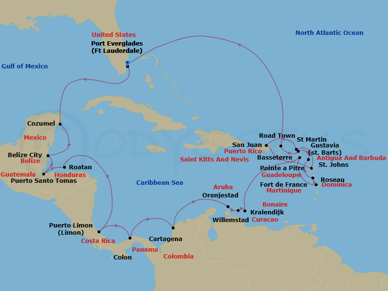 27 Night - The Americas & Caribbean - Crystal Symphony - Starting in Fort Lauderdale, Cozumel, Quintana Roo, Belize City, Santo Tomas, Roatan Island, Puerto Limon, Colon, Cartagena CO, Oranjestad, Aruba, Willemstad AN, Kralendijk, Pointe-a-Pitre, French West Indies, Marigot, St Martin, San Juan, St Kitts (Basseterre), Fort-de-France, Roseau, St Johns, Gustavia, St Barthelemy, Road Town, Fort Lauderdale itinerary map