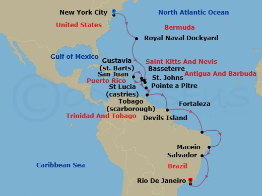23 Night - South America - Crystal Serenity - Starting in New York, Royal Naval Dockyard, St Johns, Pointe-a-Pitre, French West Indies, Gustavia, St Barthelemy, San Juan, St Kitts (Basseterre), Castries, St Lucia, Scarborough, Iles du Salut (Devils Island), Fortaleza, Maceio, Salvador De Bahia, Rio De Janeiro itinerary map