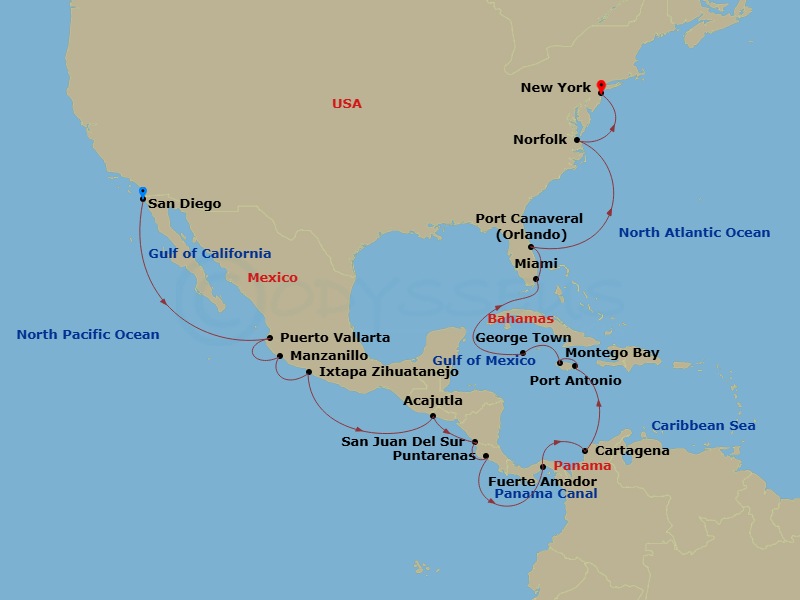 25 Night - The Americas & Caribbean - Crystal Serenity - Starting in San Diego, Puerto Vallarta, Manzanillo, Zihuatanejo, Acajutla, San Juan del Sur, Puntarenas, Fuerte Amador (Panama City), Panama Canal Transit, Cartagena CO, Port Antonio, Montego Bay, George Town (Grand Cayman), Miami, Port Canaveral, Norfolk, New York itinerary map