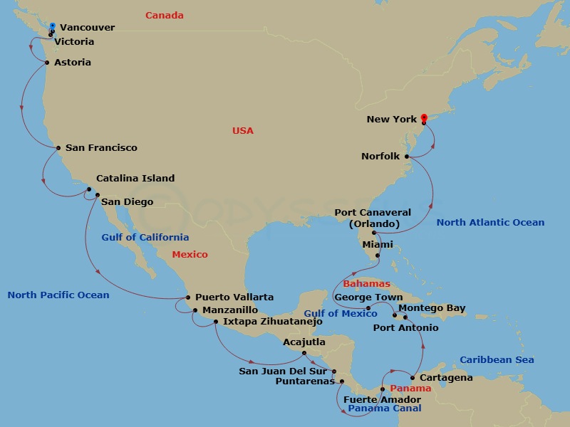 32 Night - The Americas & Caribbean - Crystal Serenity - Starting in Vancouver, Victoria CA, Canada, Astoria, San Francisco, Santa Catalina Island, San Diego, Puerto Vallarta, Manzanillo, Zihuatanejo, Acajutla, San Juan del Sur, Puntarenas, Fuerte Amador (Panama City), Panama Canal Transit, Cartagena CO, Port Antonio, Montego Bay, George Town (Grand Cayman), Miami, Port Canaveral, Norfolk, New York itinerary map