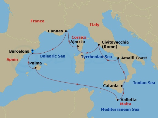 10 Night - Italy, French Riviera, Spain & Malta - Resilient Lady - Starting in Barcelona, Spain, Cannes, France, Ajaccio, Corsica, France, Rome (Civitavecchia), Italy, Amalfi Coast (Salerno), Italy, Catania, Sicily, Italy, Valletta, Malta, Palma De Mallorca, Spain, Barcelona, Spain itinerary map