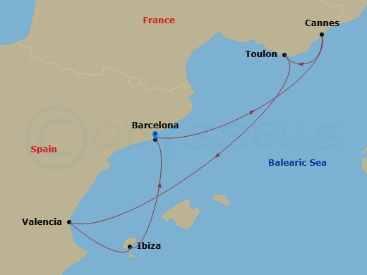 7 Night - French Riviera, Spain & Ibiza Overnight - Resilient Lady - Starting in Barcelona, Spain, Cannes, France, Provence (Toulon), France, Valencia, Spain, Ibiza, Spain, Barcelona, Spain itinerary map
