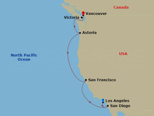 9 Night - Pacific Coastal : La to Vancouver - Brilliant Lady - Starting in Los Angeles, California, San Diego, California, San Francisco, California, Astoria, Oregon, Victoria CA, Canada, Vancouver, British Columbia, Canada itinerary map
