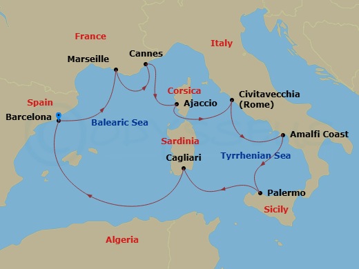 10 Night - Italy & French Riviera - Resilient Lady - Starting in Barcelona, Spain, Provence (Marseille), France, Cannes, France, Ajaccio, Corsica, France, Rome (Civitavecchia), Italy, Amalfi Coast (Salerno), Italy, Palermo, Sicily, Italy, Cagliari, Sardinia, Italy, Barcelona, Spain itinerary map