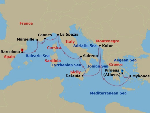 11 Night - Mediterranean : Athens to Barcelona - Resilient Lady - Starting in Athens (Piraeus), Greece, Mykonos, Greece, Kotor, Montenegro, Catania, Sicily, Italy, Amalfi Coast (Salerno), Italy, Tuscany / Cinque Terre (La Spezia), Italy, Cannes, France, Provence (Marseille), France, Barcelona, Spain itinerary map
