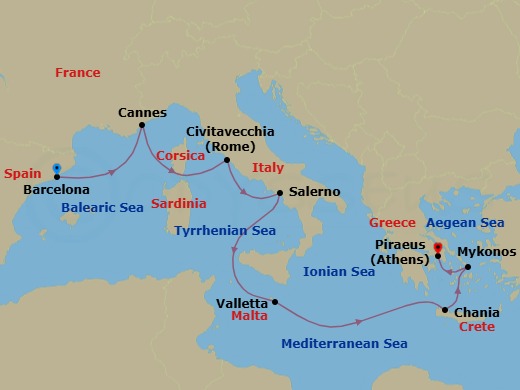 10 Night - Mediterranean : Barcelona to Athens - Resilient Lady - Starting in Barcelona, Spain, Cannes, France, Rome (Civitavecchia), Italy, Amalfi Coast (Salerno), Italy, Valletta, Malta, Chania (Souda Bay), Crete, Greece, Mykonos, Greece, Athens (Piraeus), Greece itinerary map