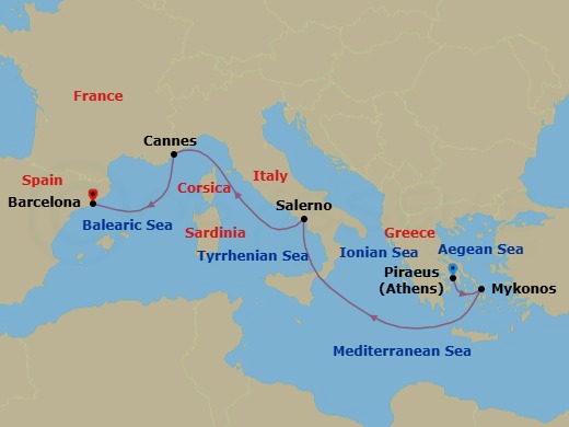 7 Night - Mediterranean : Athens to Barcelona - Scarlet Lady - Starting in Athens (Piraeus), Greece, Mykonos, Greece, Amalfi Coast (Salerno), Italy, Cannes, France, Barcelona, Spain itinerary map