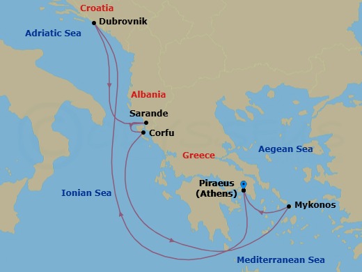 7 Night - Greek Isles, Albania & the Adriatic - Scarlet Lady - Starting in Athens (Piraeus), Greece, Dubrovnik, Croatia, Sarande, Albania, Corfu, Greece, Mykonos, Greece, Athens (Piraeus), Greece itinerary map