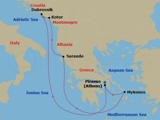 7 Night - The Adriatic, Albania & Greece - Scarlet Lady - Starting in Athens (Piraeus), Greece, Dubrovnik, Croatia, Kotor, Montenegro, Sarande, Albania, Mykonos, Greece, Athens (Piraeus), Greece itinerary map