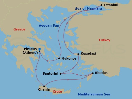 11 Night - Greece & Turkey with Mykonos Overnight - Scarlet Lady - Starting in Athens (Piraeus), Greece, Chania (Souda Bay), Crete, Greece, Rhodes, Greece, Santorini, Greece, Ephesus (Kusadasi), Turkey, Istanbul, Turkey, Mykonos, Greece, Athens (Piraeus), Greece itinerary map