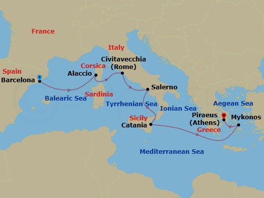 8 Night - Mediterranean : Barcelona to Athens - Scarlet Lady - Starting in Barcelona, Spain, Ajaccio, Corsica, France, Rome (Civitavecchia), Italy, Amalfi Coast (Salerno), Italy, Catania, Sicily, Italy, Mykonos, Greece, Athens (Piraeus), Greece itinerary map