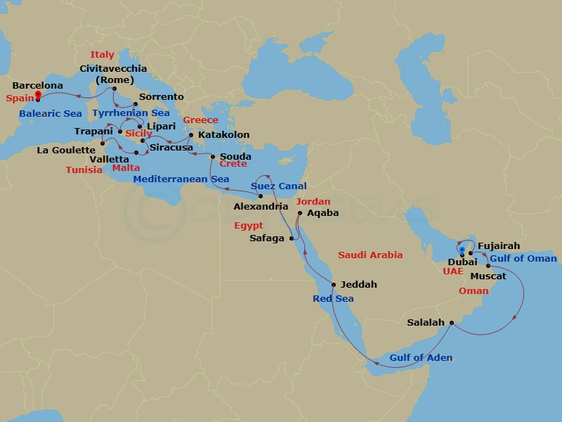 31 Night - Europe & Mediterranean - Crystal Symphony - Starting in Dubai, Fujairah, Muscat, Salalah, Jeddah, Aqaba, Safaga (Luxor), Suez Canal (Transit), Alexandria EG, Souda (Chania), Katakolon, Siracusa (Sicily), Valletta, Tunis (La Goulette), Trapani, Lipari Island, Sorrento, Civitavecchia (Rome), Barcelona itinerary map