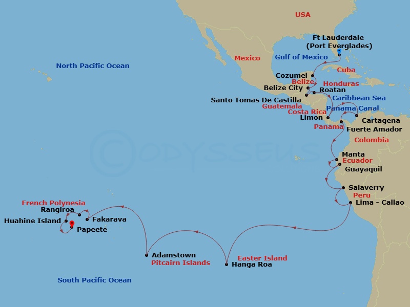 33 Night - The Americas & Caribbean - Crystal Symphony - Starting in Fort Lauderdale, Cozumel, Quintana Roo, Belize City, Santo Tomas, Roatan Island, Puerto Limon, Cartagena CO, Panama Canal Transit, Fuerte Amador (Panama City), Manta, Guayaquil, Salaverry, Lima (Callao), Hanga Roa, Adamstown (Sightseeing Only), Fakarava, Rangiroa, Huahine, Papeete (Tahiti) itinerary map