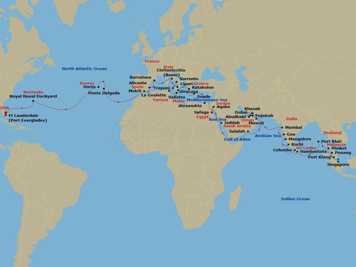 65 Night - Europe & Mediterranean - Crystal Symphony - Starting in Singapore, Port Klang (Kuala Lumpur), Penang, Phuket, Port Blair, Hambantota, Colombo, Cochin, New Mangalore, Mormugao (Goa), Mumbai, Khasab, Abu Dhabi, Dubai, Fujairah, Muscat, Salalah, Jeddah, Aqaba, Safaga (Luxor), Suez Canal (Transit), Alexandria EG, Souda (Chania), Katakolon, Siracusa (Sicily), Valletta, Tunis (La Goulette), Trapani, Lipari Island, Sorrento, Civitavecchia (Rome), Barcelona, Alicante, Motril, Ponta Delgada (Sao Miguel Island), Horta, Royal Naval Dockyard, Fort Lauderdale itinerary map