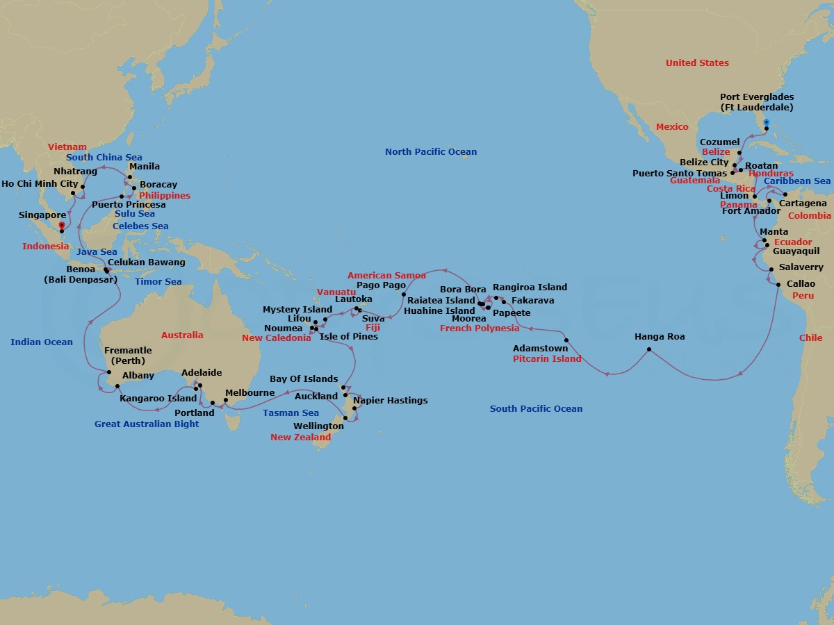85 Night - Asia and Asia Pacific from Ft Lauderdale (Port Everglades) to Singapore - Crystal Symphony - Starting in Fort Lauderdale, Cozumel, Quintana Roo, Belize City, Santo Tomas, Roatan Island, Puerto Limon, Cartagena CO, Panama Canal Transit, Fuerte Amador (Panama City), Manta, Guayaquil, Salaverry, Lima (Callao), Hanga Roa, Adamstown (Sightseeing Only), Fakarava, Rangiroa, Huahine, Papeete (Tahiti), Moorea Island, Raiatea, Bora Bora (Society Islands), Pago Pago, Date Line lose a day, Suva, Lautoka, Mystery Island, Anelghowhat, Lifou, Noumea, Pine Island, Bay of Islands, Auckland, Napier, Wellington, Melbourne, Portland AU, Adelaide, Kangaroo Island, Albany AU, Australia, Fremantle (Perth), Bali, Celukan Bawang (Bali), Puerto Princesa, Boracay, Manila, Nha Trang, Ho Chi Minh City, Singapore itinerary map