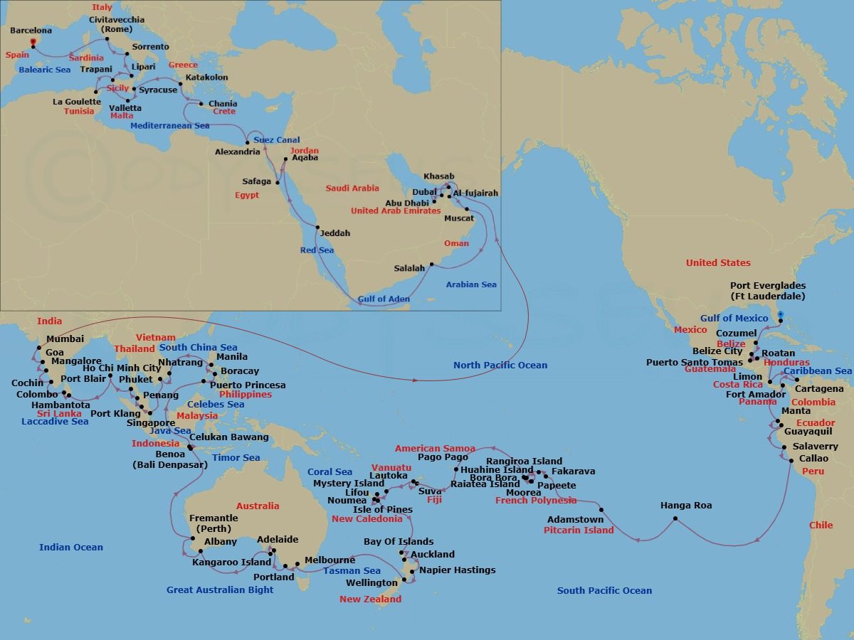 136 Night - World Cruise - Crystal Symphony - Starting in Fort Lauderdale, Cozumel, Quintana Roo, Belize City, Santo Tomas, Roatan Island, Puerto Limon, Cartagena CO, Panama Canal Transit, Fuerte Amador (Panama City), Manta, Guayaquil, Salaverry, Lima (Callao), Hanga Roa, Adamstown (Sightseeing Only), Fakarava, Rangiroa, Huahine, Papeete (Tahiti), Moorea Island, Raiatea, Bora Bora (Society Islands), Pago Pago, Date Line lose a day, Suva, Lautoka, Mystery Island, Anelghowhat, Lifou, Noumea, Pine Island, Bay of Islands, Auckland, Napier, Wellington, Melbourne, Portland AU, Adelaide, Kangaroo Island, Albany AU, Australia, Fremantle (Perth), Bali, Celukan Bawang (Bali), Puerto Princesa, Boracay, Manila, Nha Trang, Ho Chi Minh City, Singapore, Port Klang (Kuala Lumpur), Penang, Phuket, Port Blair, Hambantota, Colombo, Cochin, New Mangalore, Mormugao (Goa), Mumbai, Khasab, Abu Dhabi, Dubai, Fujairah, Muscat, Salalah, Jeddah, Aqaba, Safaga (Luxor), Suez Canal (Transit), Alexandria EG, Souda (Chania), Katakolon, Siracusa (Sicily), Valletta, Tunis (La Goulette), Trapani, Lipari Island, Sorrento, Civitavecchia (Rome) itinerary map