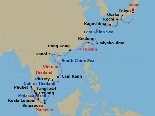 23 Night - Southeast Asia & Japan - Coral Princess - Starting in Singapore, Phuket, Thailand, Langkawi, Malaysia, Penang, Malaysia, Kuala Lumpur (Port Kelang), Malaysia, Ho Chi Minh City (Phu My), Vietnam, Cam Ranh (Nha Trang), Vietnam, Halong Bay / Hanoi (Cai Lan), Vietnam, Hong Kong, Taipei (Keelung), Miyakojima, Japan, Kagoshima, Japan, Kochi, Japan, Osaka (for Kyoto), Japan, Tokyo, Japan itinerary map